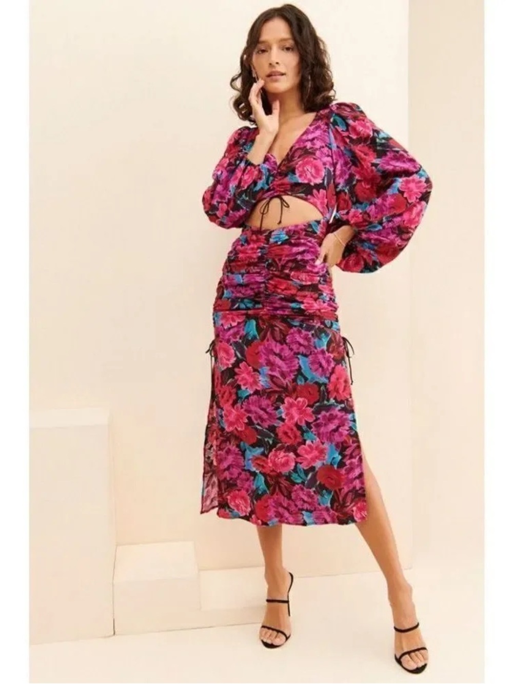 Free People Floral Crop Top & Ruched Midi Skirt Set - Fuchsia, Magenta & Teal